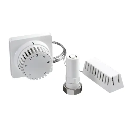 Thermostat von Oventrop mit Drehregler, einem externen Fühler und Verbindungsstücken. Weißes Design, geeignet für die Temperaturregelung in Heizsystemen.